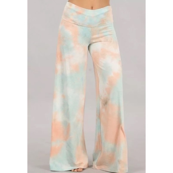 SOLD OUT Peach Mint Wide Leg Relaxed Palazzo Lounge Pants - Picture 2 of 6